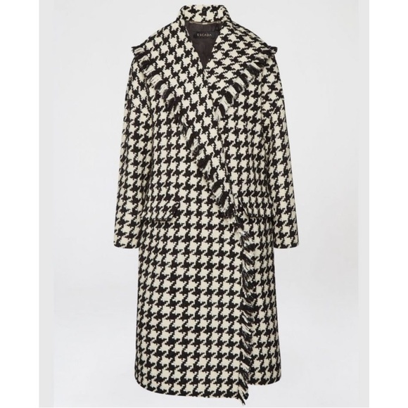 Escada Pre-Fall 2020 Houndstooth Fringe Trim Long Coat Size Medium NWT Two Tone